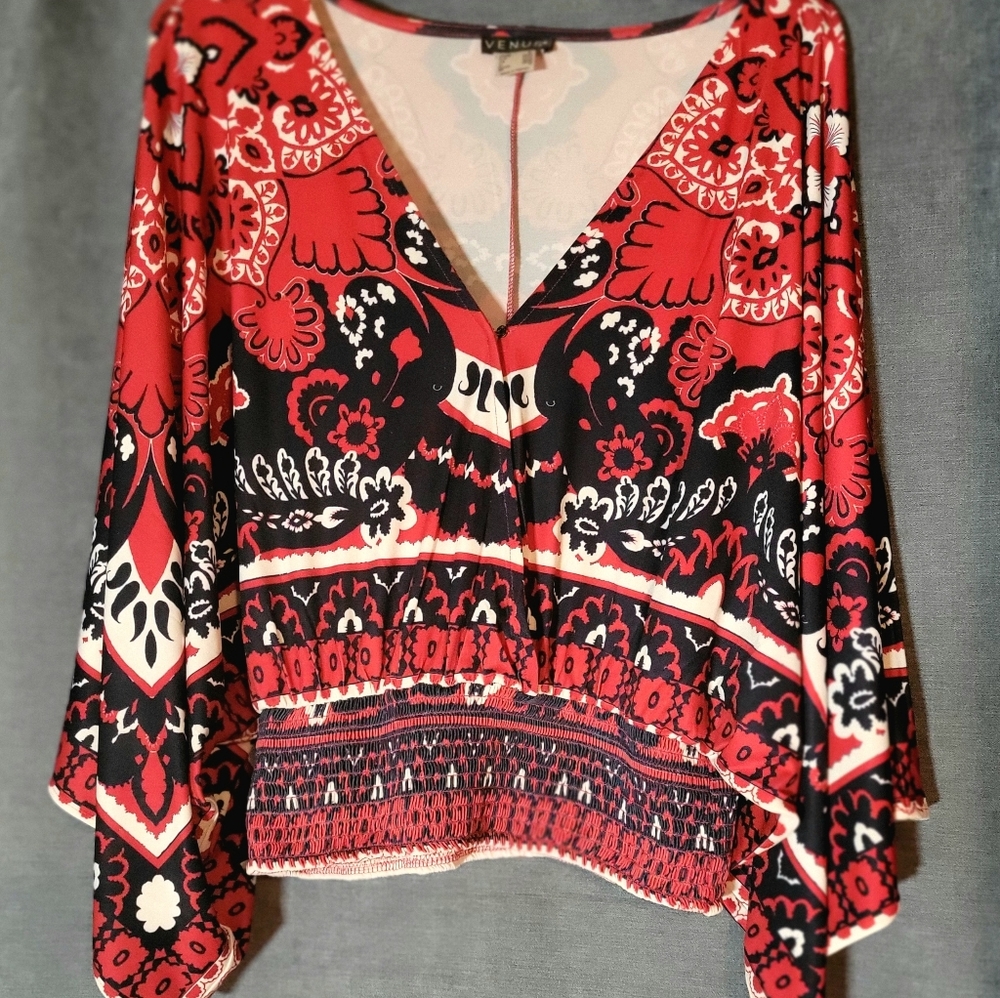 VENUS Vibrant Red and Black Patterned Blouse